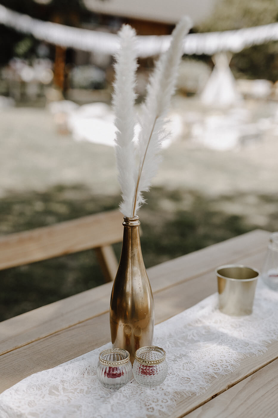 Flasche gold Teelicht Boho Hochzeitsdeko Bohohochzeit - Dekoverleih lovely wild moments